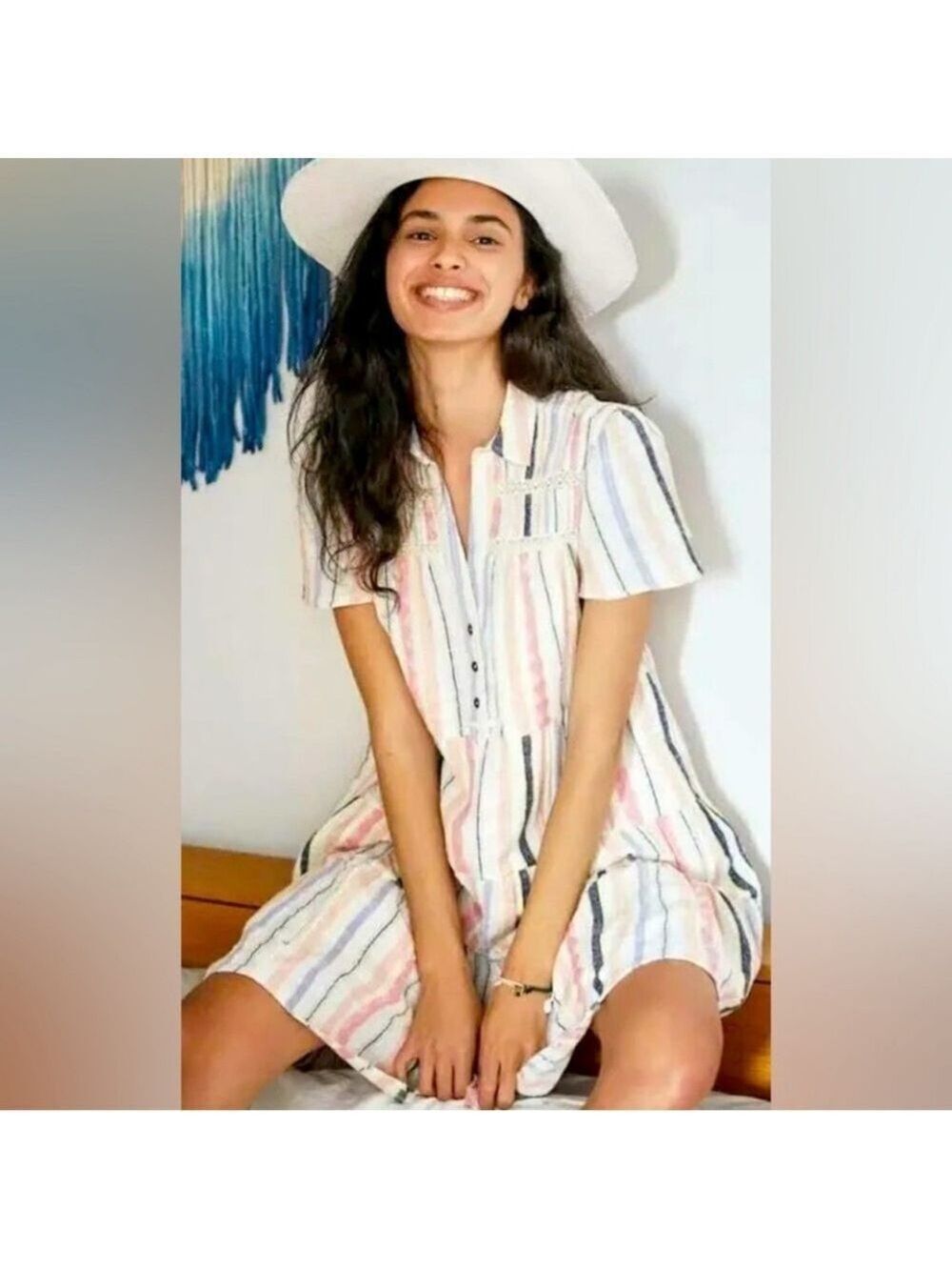 Anthropologie Georgina Tiered Cotton Striped Shirt Dress Size S Bohemian coastal